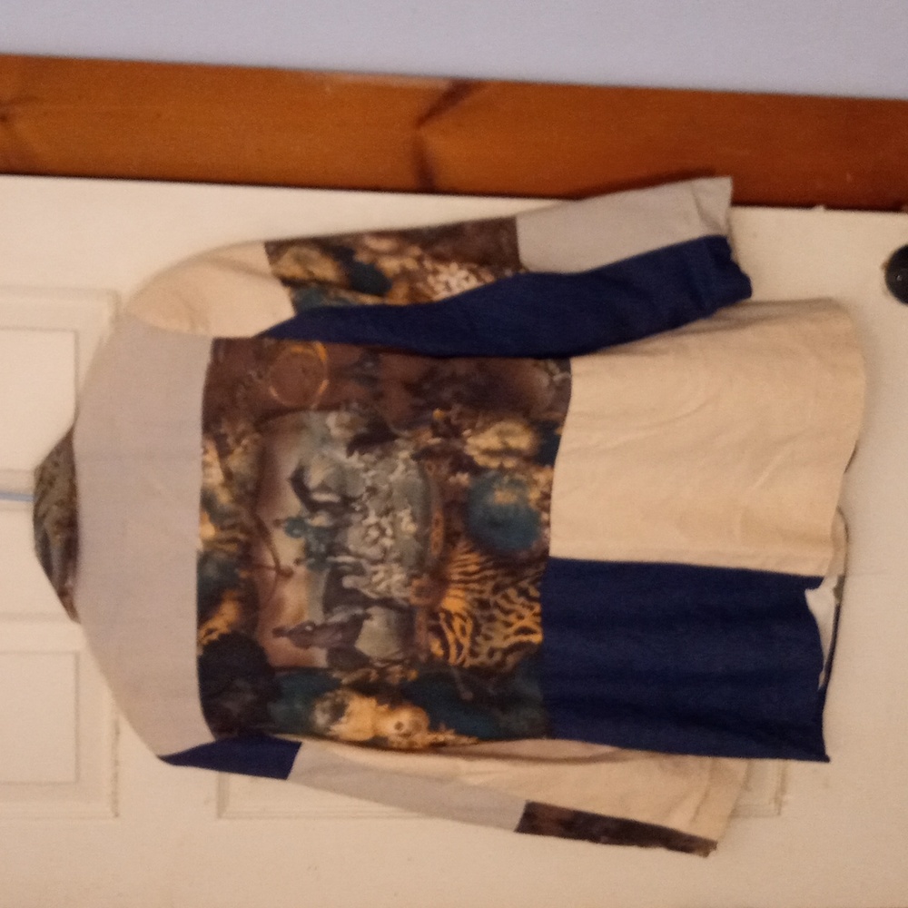George A Ltd Unique Colorblock Linen/Poly Blazer W/ Hunting Scene Pattern